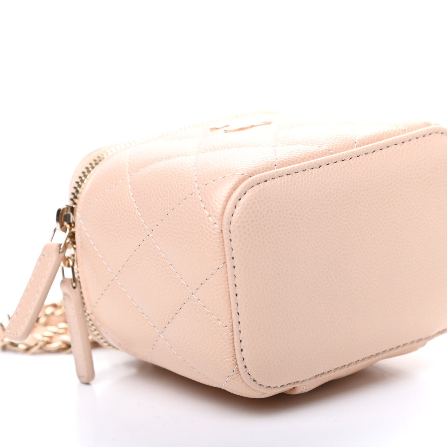 Iridescent Caviar Quilted Mini Pearl On Top Vanity Case With Chain Beige
