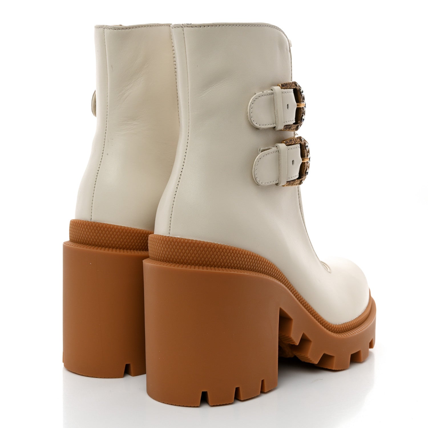 Gucci Kensington Calfskin Nappa GG Supreme Monogram Womens Double Buckle Ankle Boots 35.5 Mystic White Beige 4 of 9