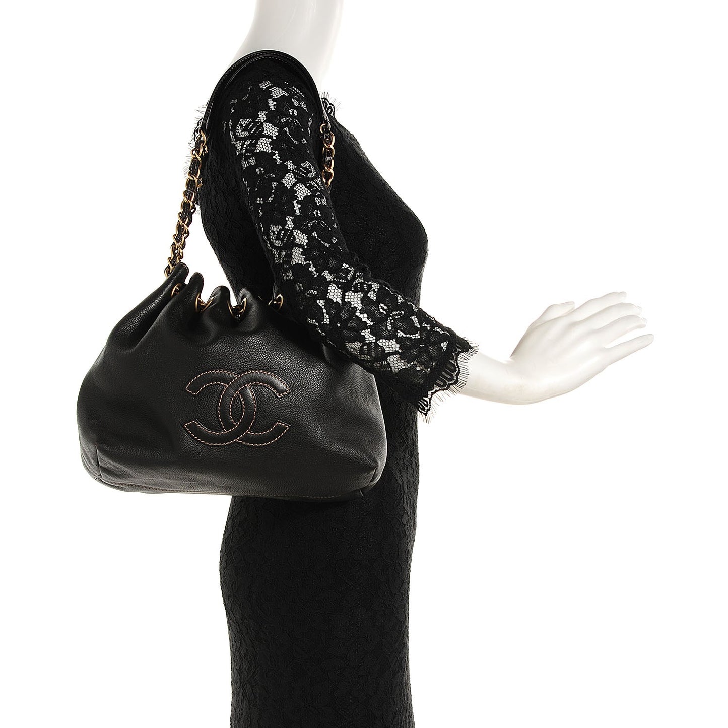 Calfskin CC Drawstring Bucket Bag Black