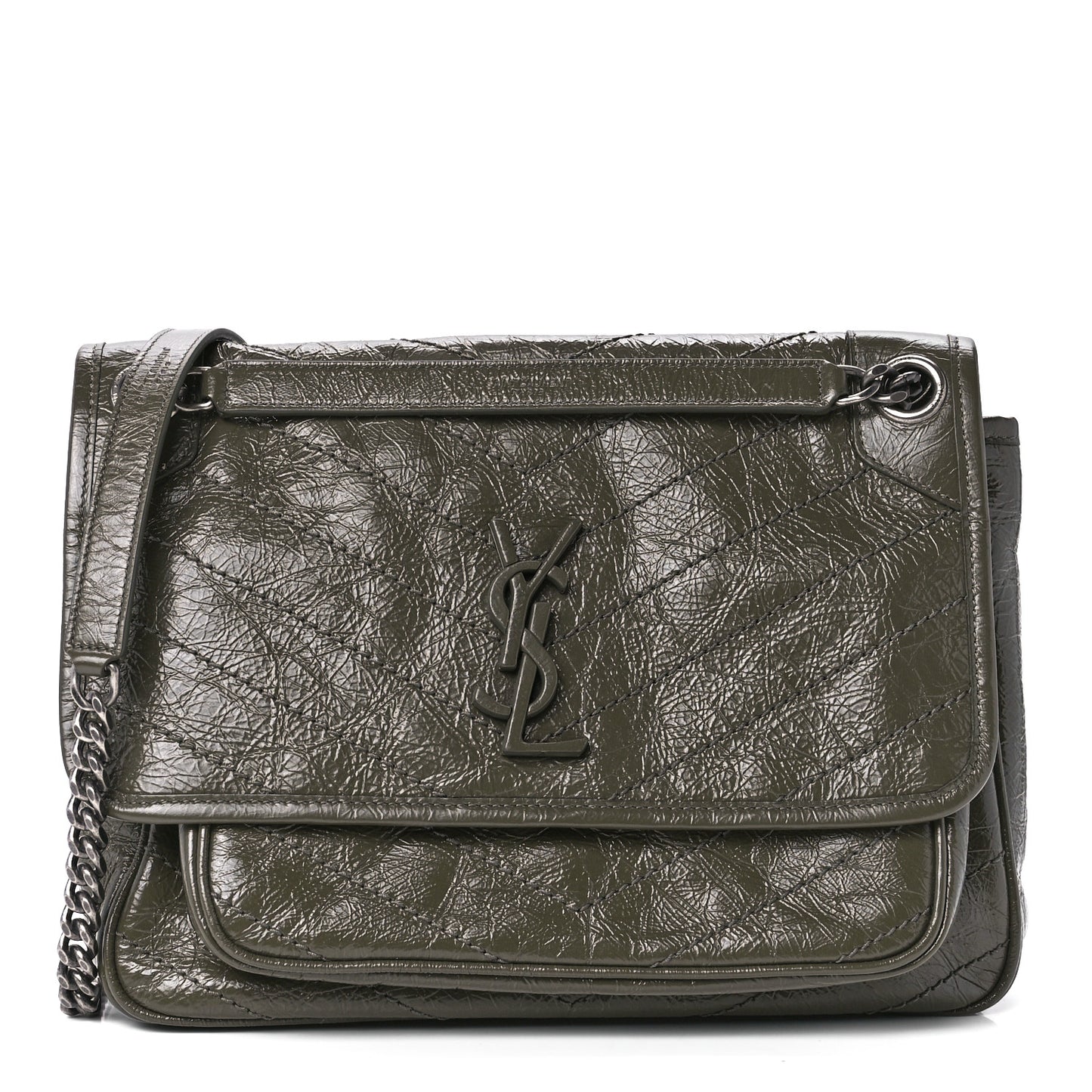 Crinkled Calfskin Matelasse Monogram Medium Niki Chain Satchel Dark Green