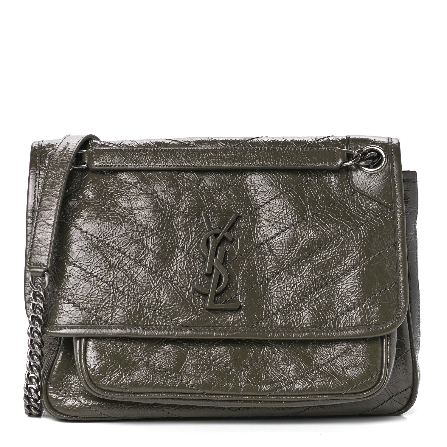 Saint Laurent Crinkled Calfskin Matelasse Monogram Medium Niki Chain Satchel Dark Green 2 of 24