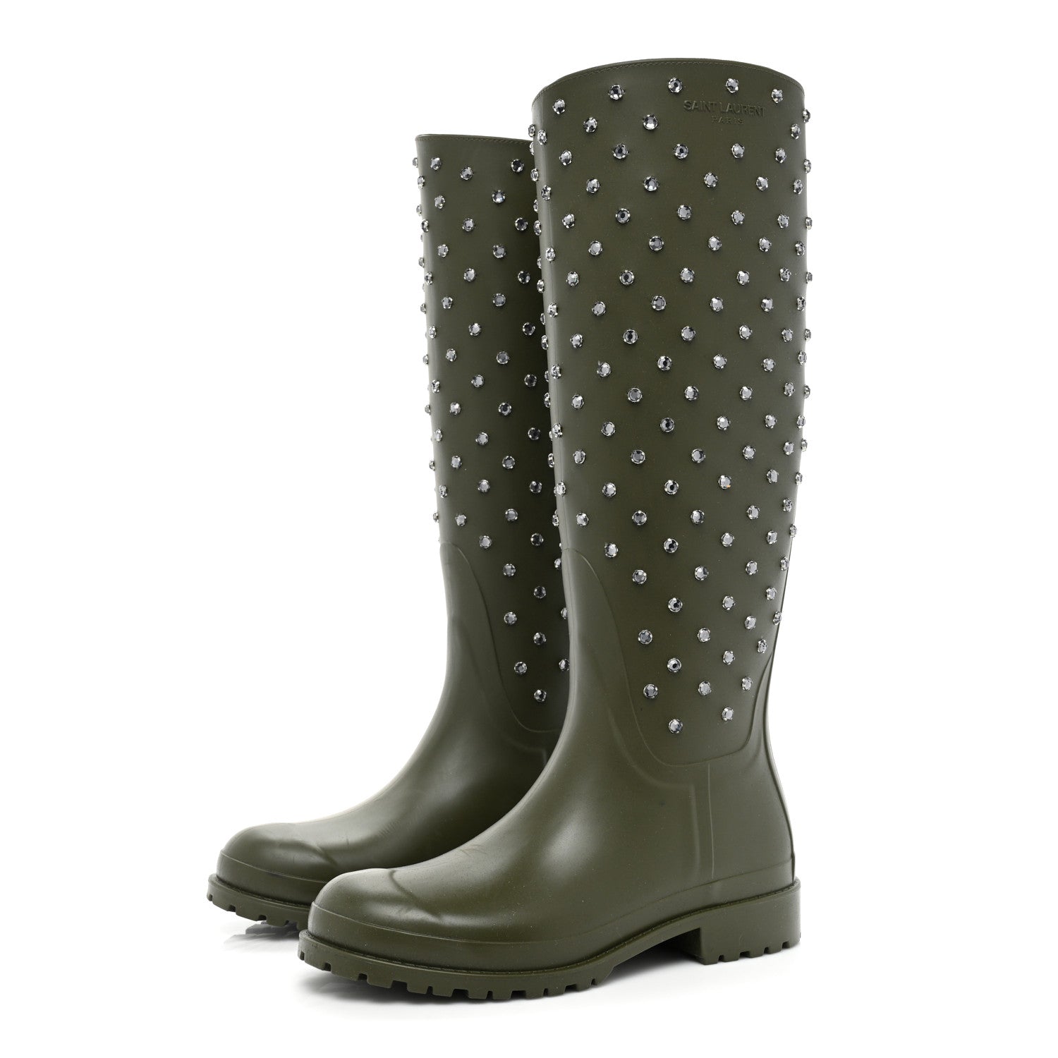 Saint Laurent Rubber Studded Festival Rain Boots 37 New Kaki Fonce 3 of 14