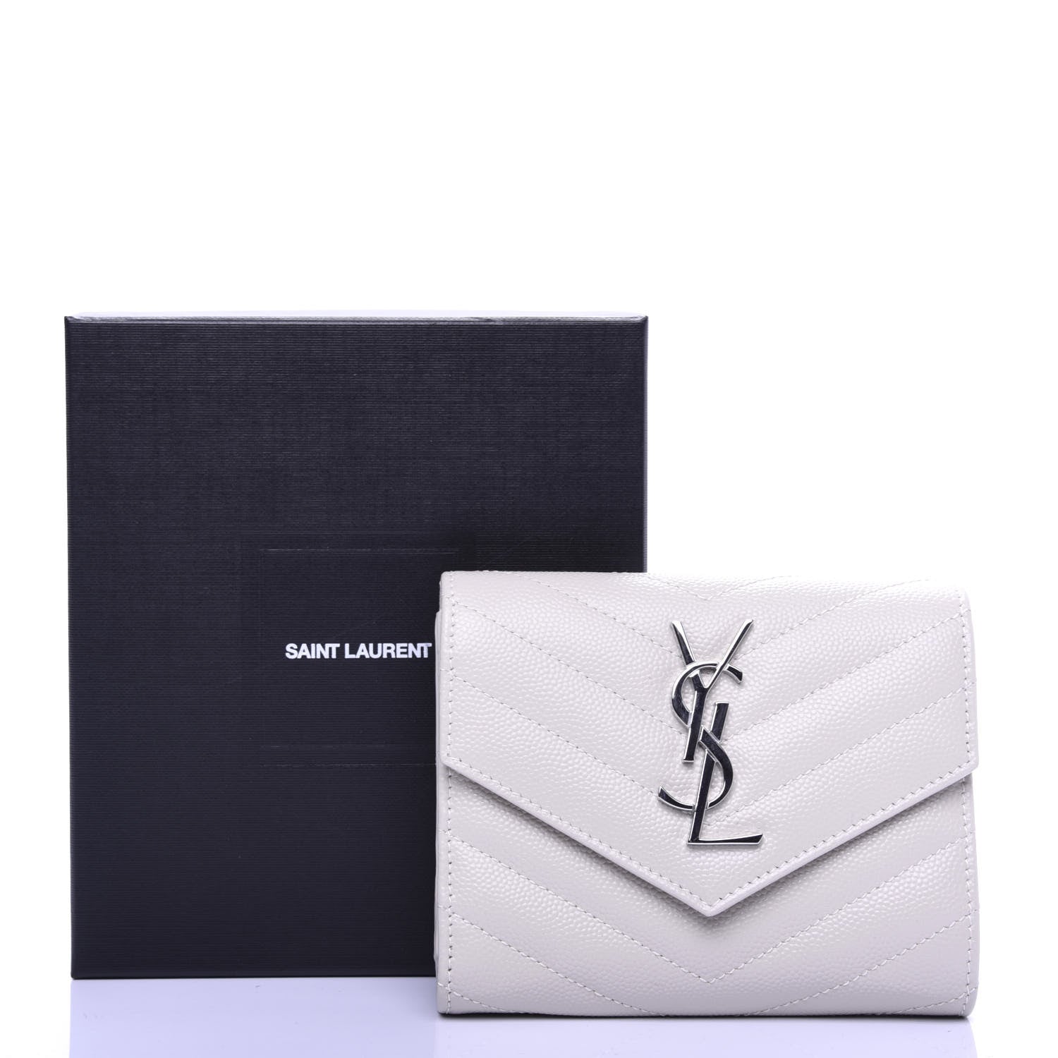 Saint Laurent Grain De Poudre Matelasse Chevron Monogram Compact Tri Fold Wallet Crema Soft 7 of 7