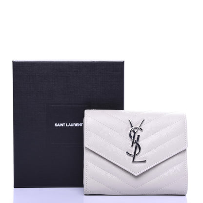 Saint Laurent Grain De Poudre Matelasse Chevron Monogram Compact Tri Fold Wallet Crema Soft 7 of 7