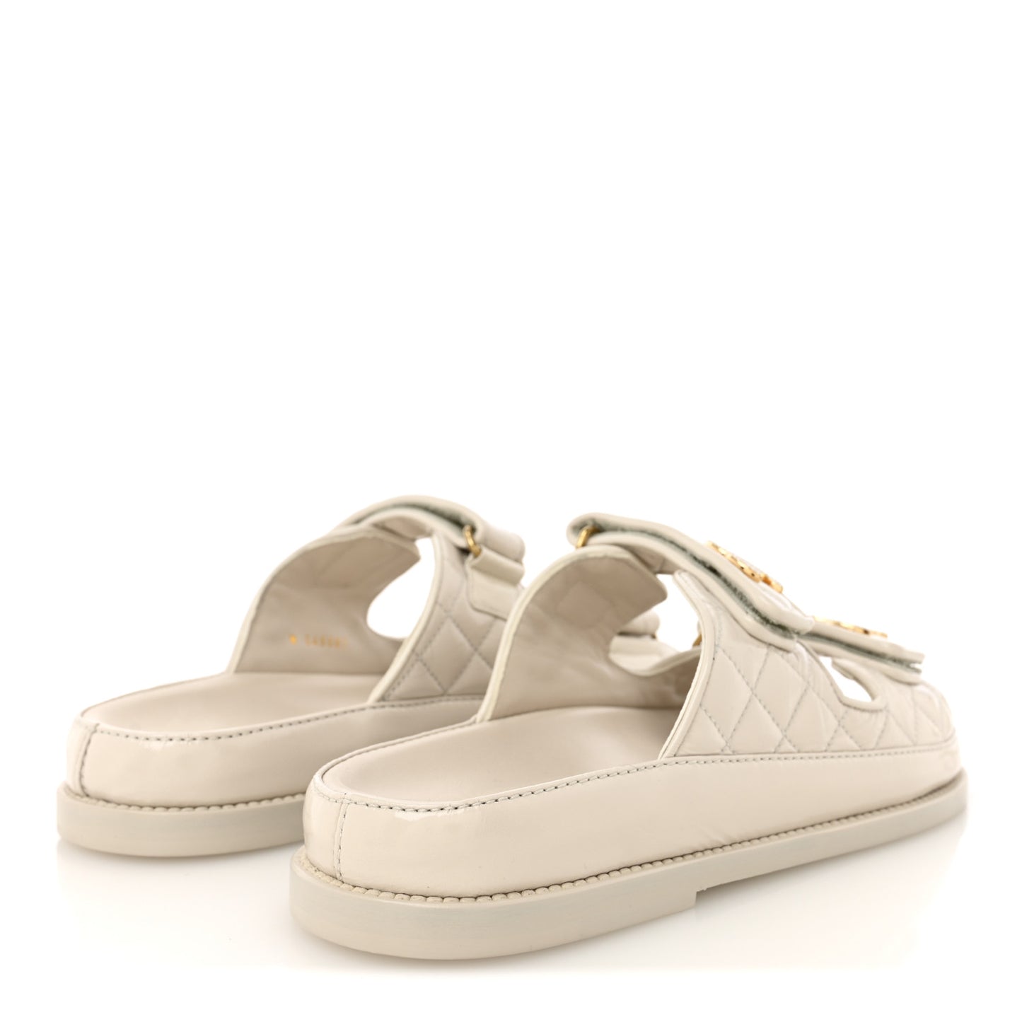 Shiny Calfskin Pearl Quilted Velcro Dad CC Slide Sandals 39 Light Beige