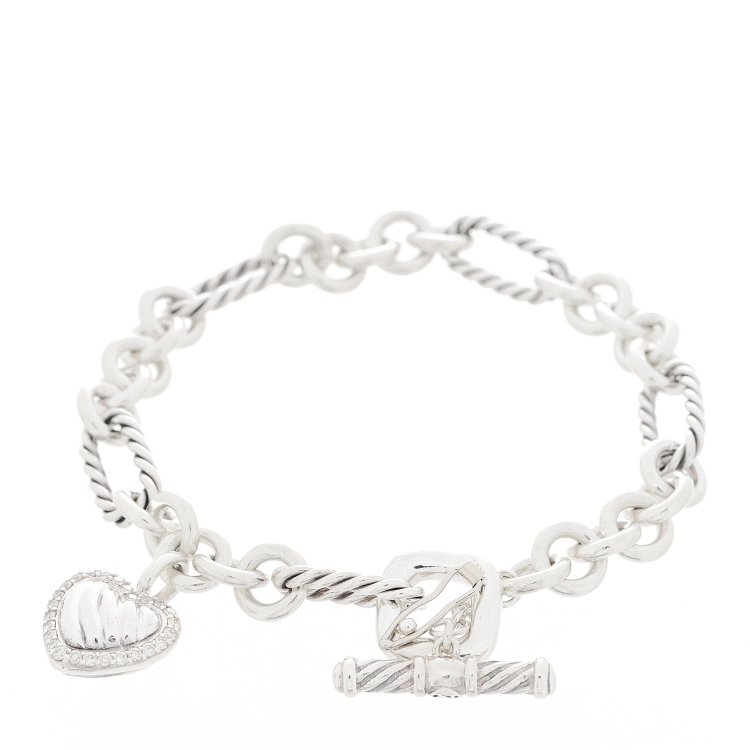 David Yurman Sterling Silver Diamond Cable Heart Charm Bracelet 2 of 5