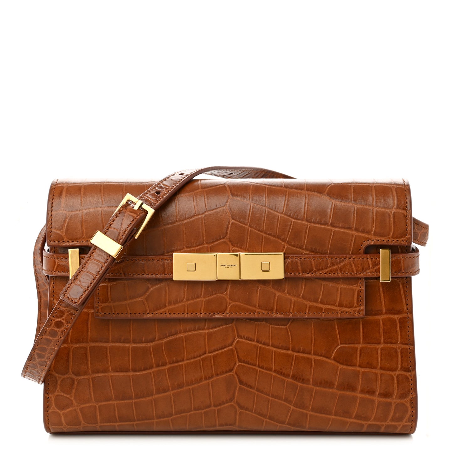 Shiny Calfskin Crocodile Embossed Small Manhattan Baguette Dark Caramel