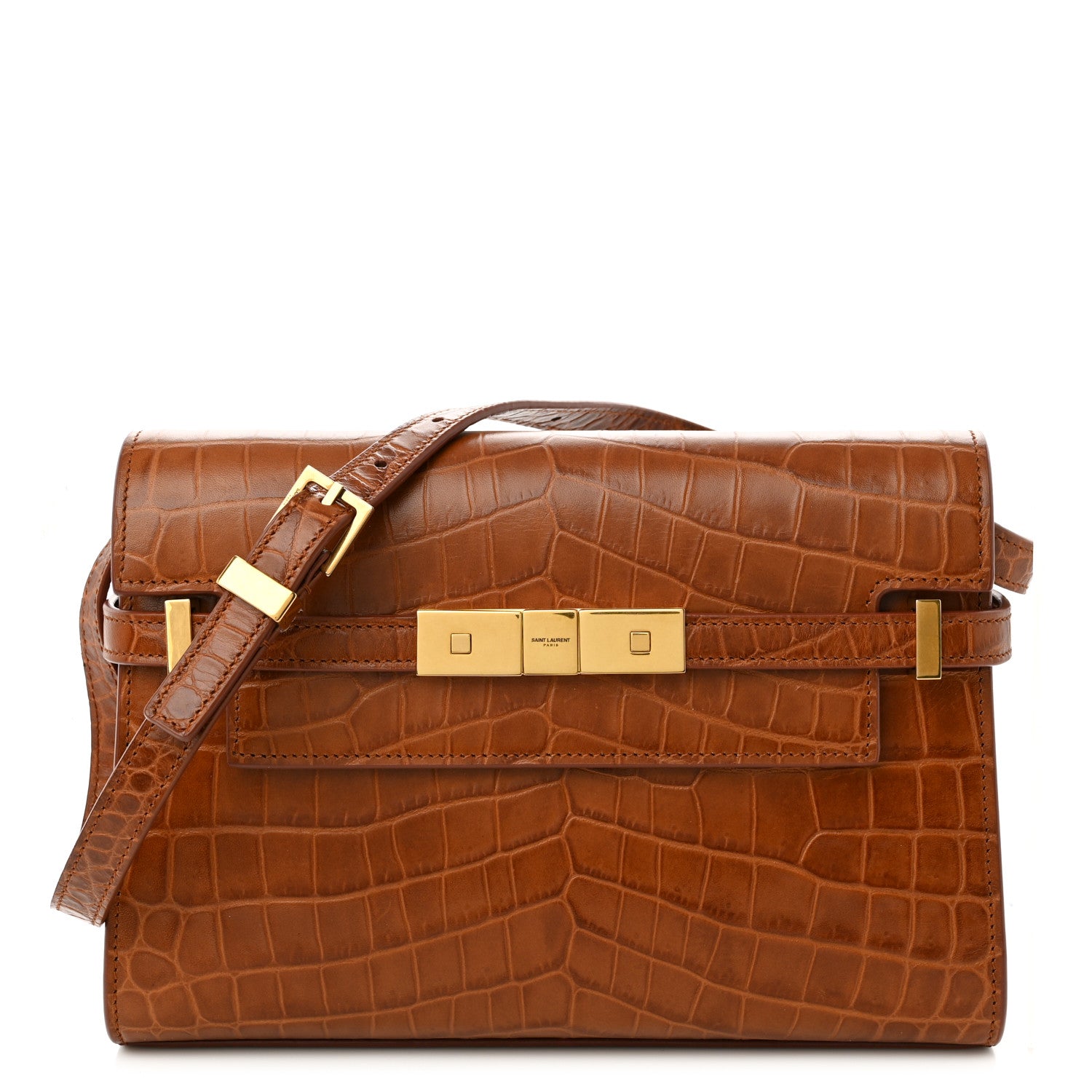 Saint Laurent Shiny Calfskin Crocodile Embossed Small Manhattan Baguette Dark Caramel 1 of 8