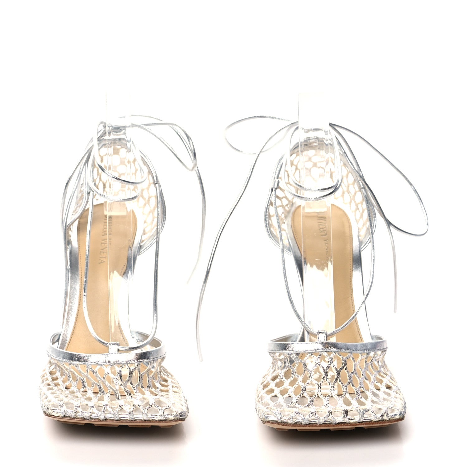 Bottega Veneta Mesh Metallic Nappa Stretch Ankle Tie Sandals 39 Silver 2 of 7