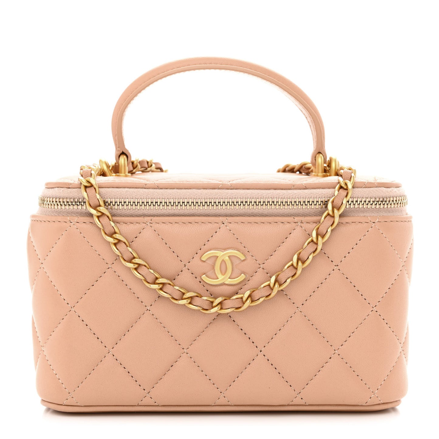 Lambskin Quilted Small Top Handle Vanity Case With Chain Beige