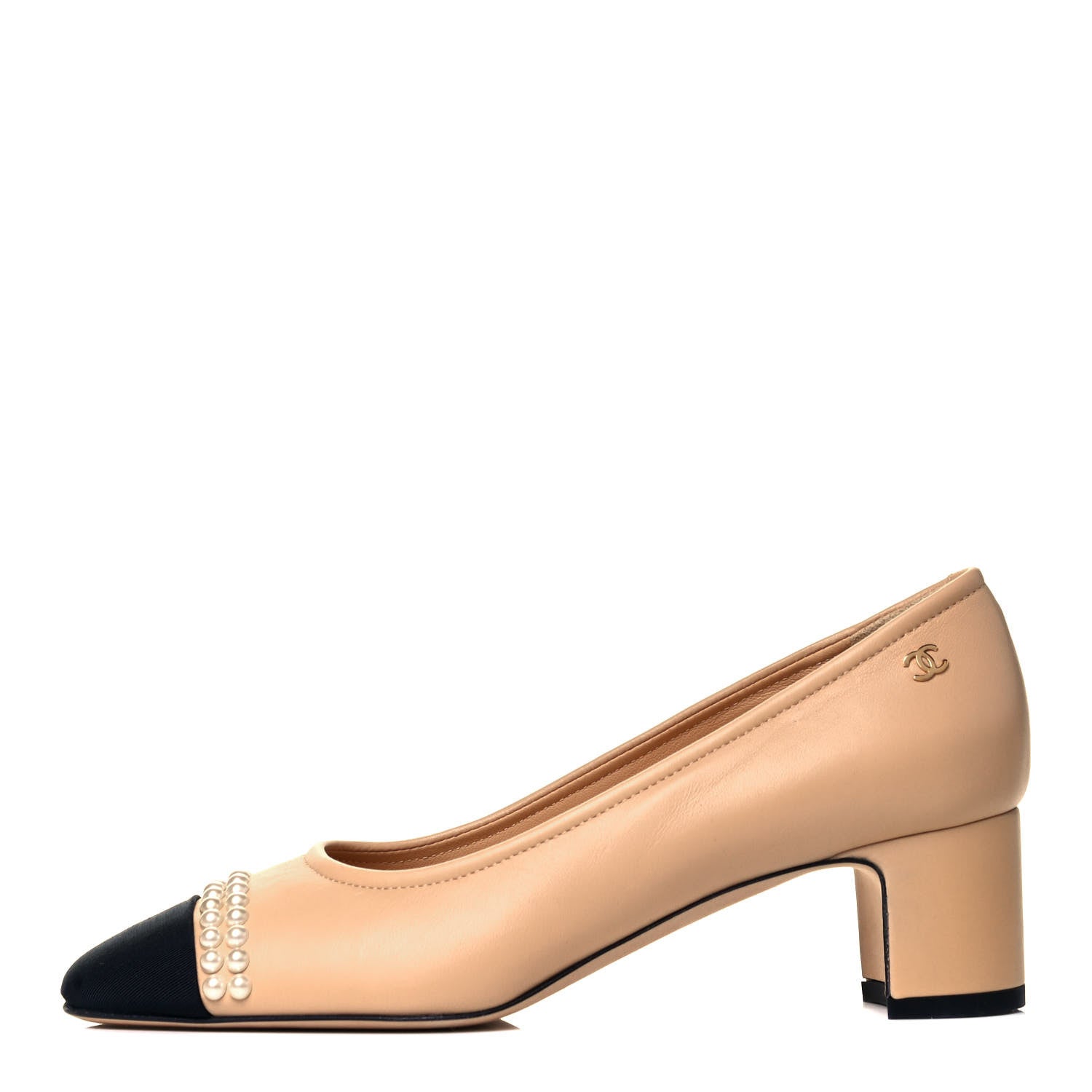 Chanel Lambskin Grosgrain Pearl Cap Toe CC Pumps 36 Beige Black 1 of 9