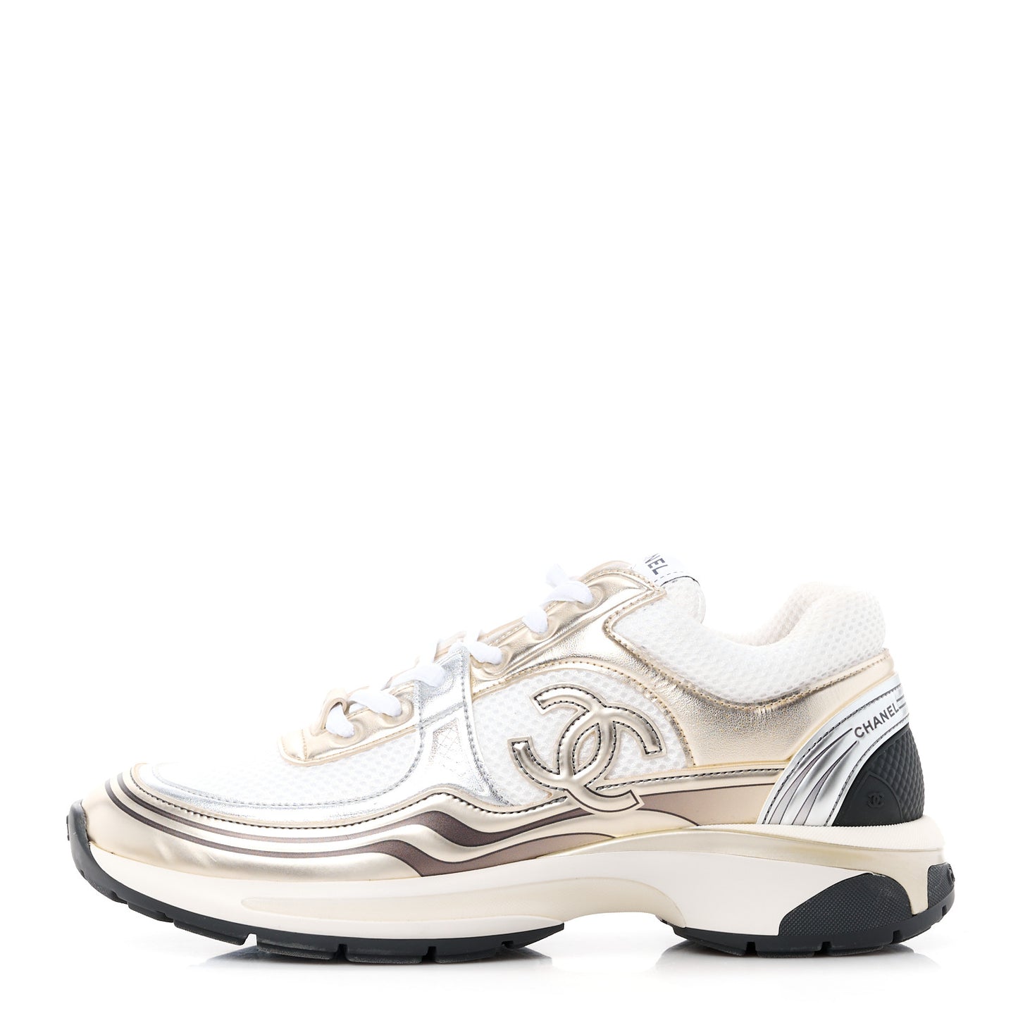 Fabric Laminated Calfskin Stretch CC Sneakers 41 White Gold Silver