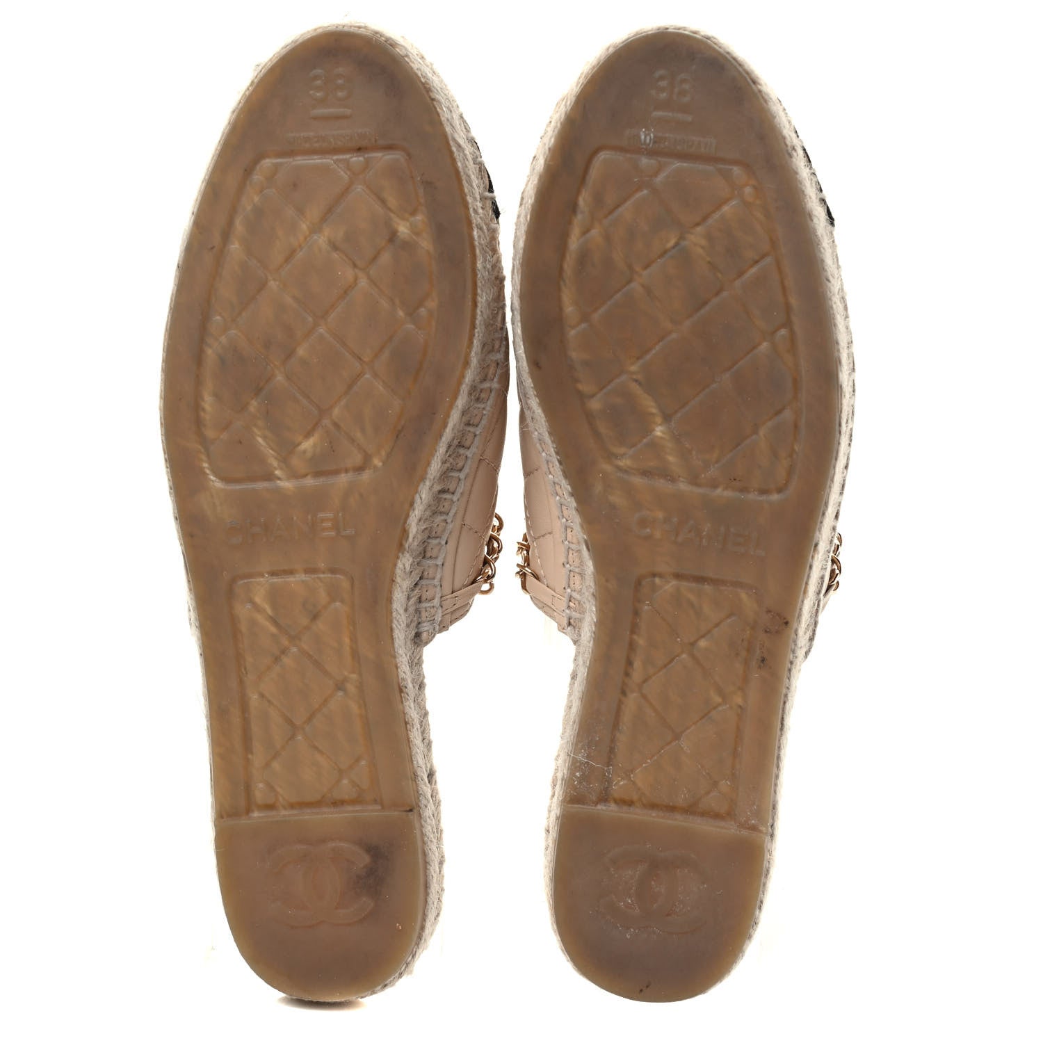 Chanel Lambskin Grosgrain Quilted CC Chain Espadrille Mules 38 Beige Black 5 of 8