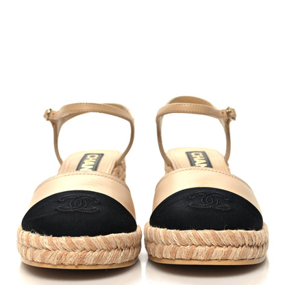 Chanel Lambskin Grosgrain CC Espadrilles Wedges 36 Beige Black 2 of 9