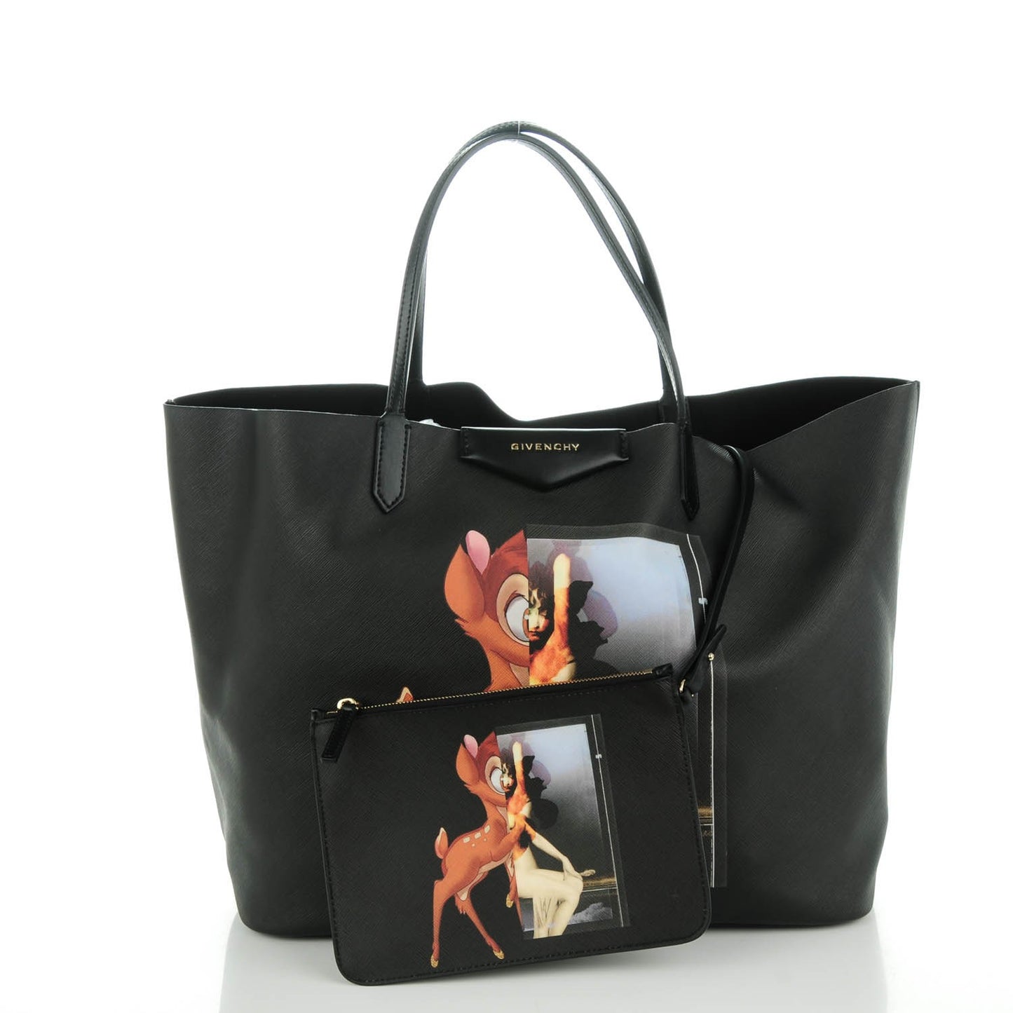 Textured Coated Canvas Bambi Print Large Antigona Tote Black
