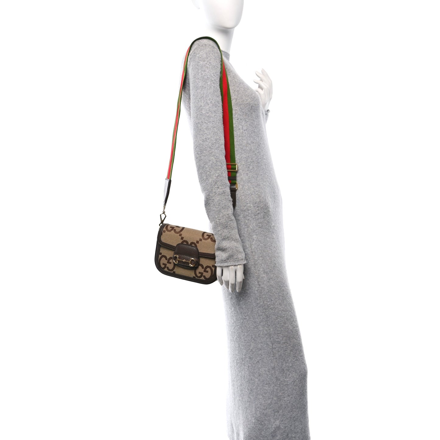 Monogram Jumbo GG Textured Dollar Calfskin Web Mini Horsebit 1955 Shoulder Bag Camel Ebony New Acero