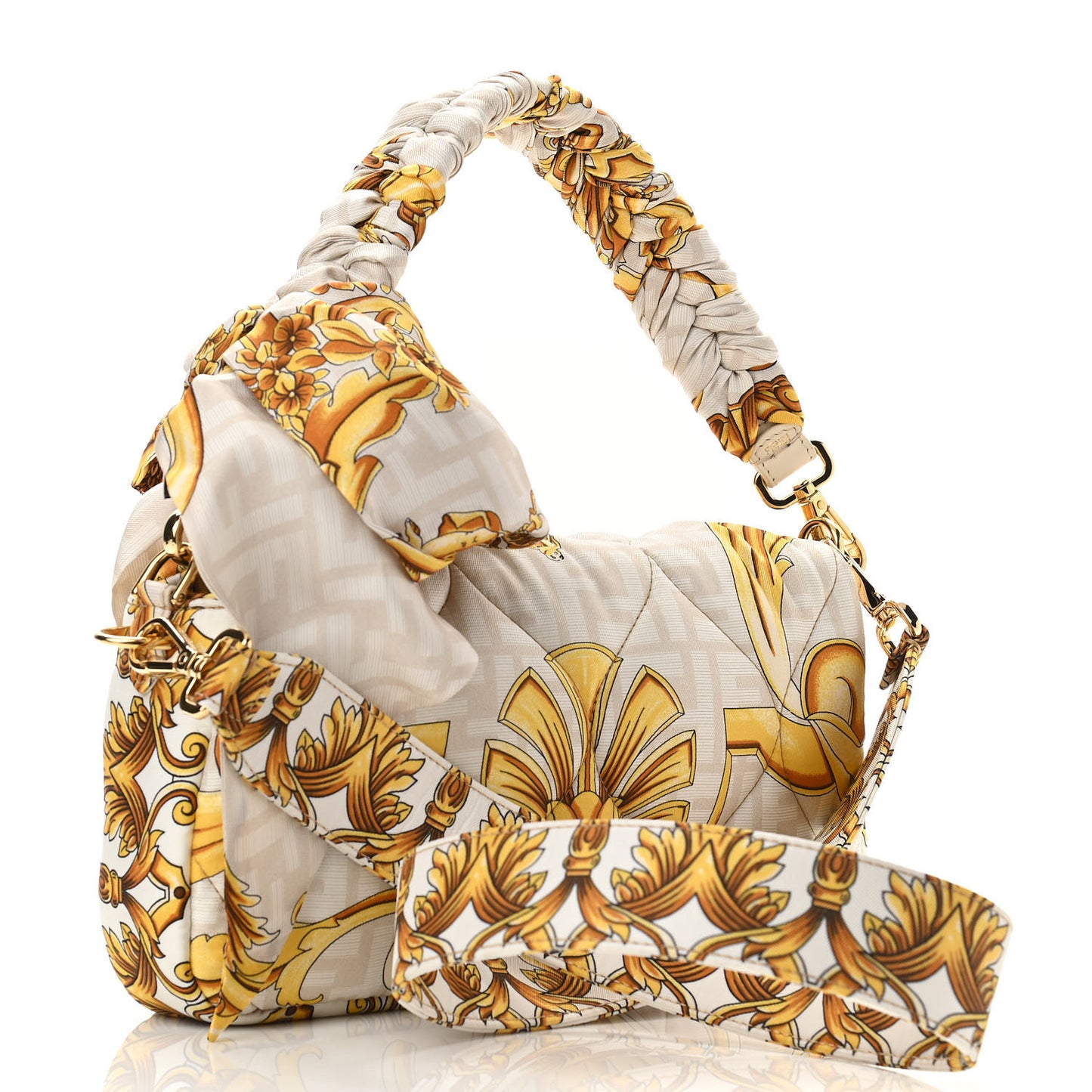 X VERSACE Silk Fendace FF Baroque Quilted Scarf Baguette White Gold