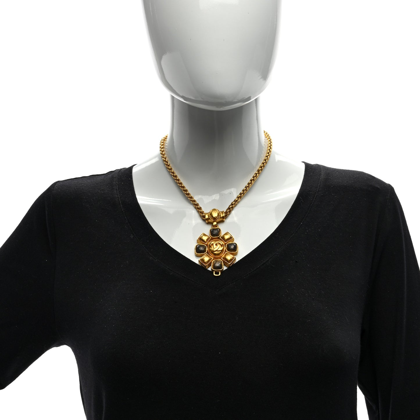 Gripoix Poured Glass CC Pendant Necklace Gold Black