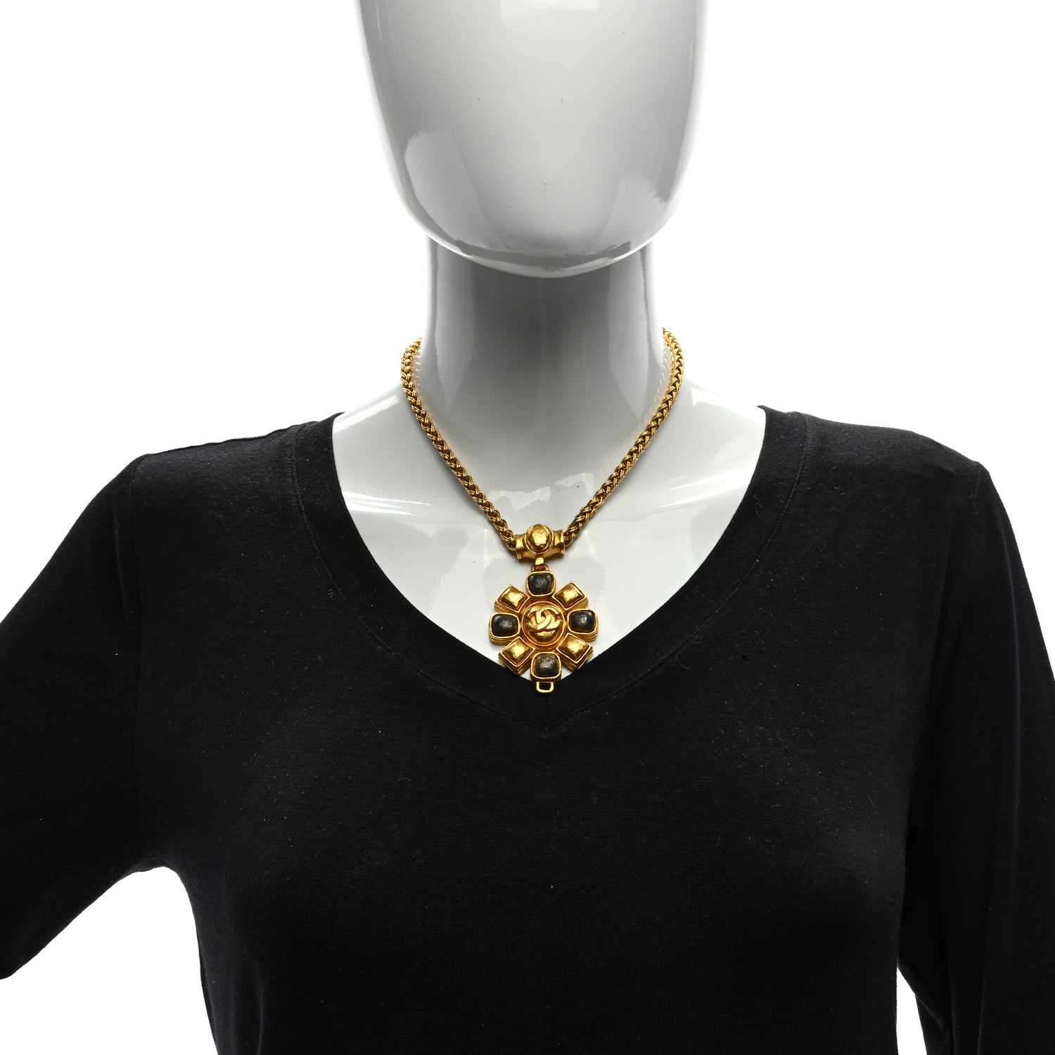 Chanel Gripoix Poured Glass CC Pendant Necklace Gold Black 2 of 5