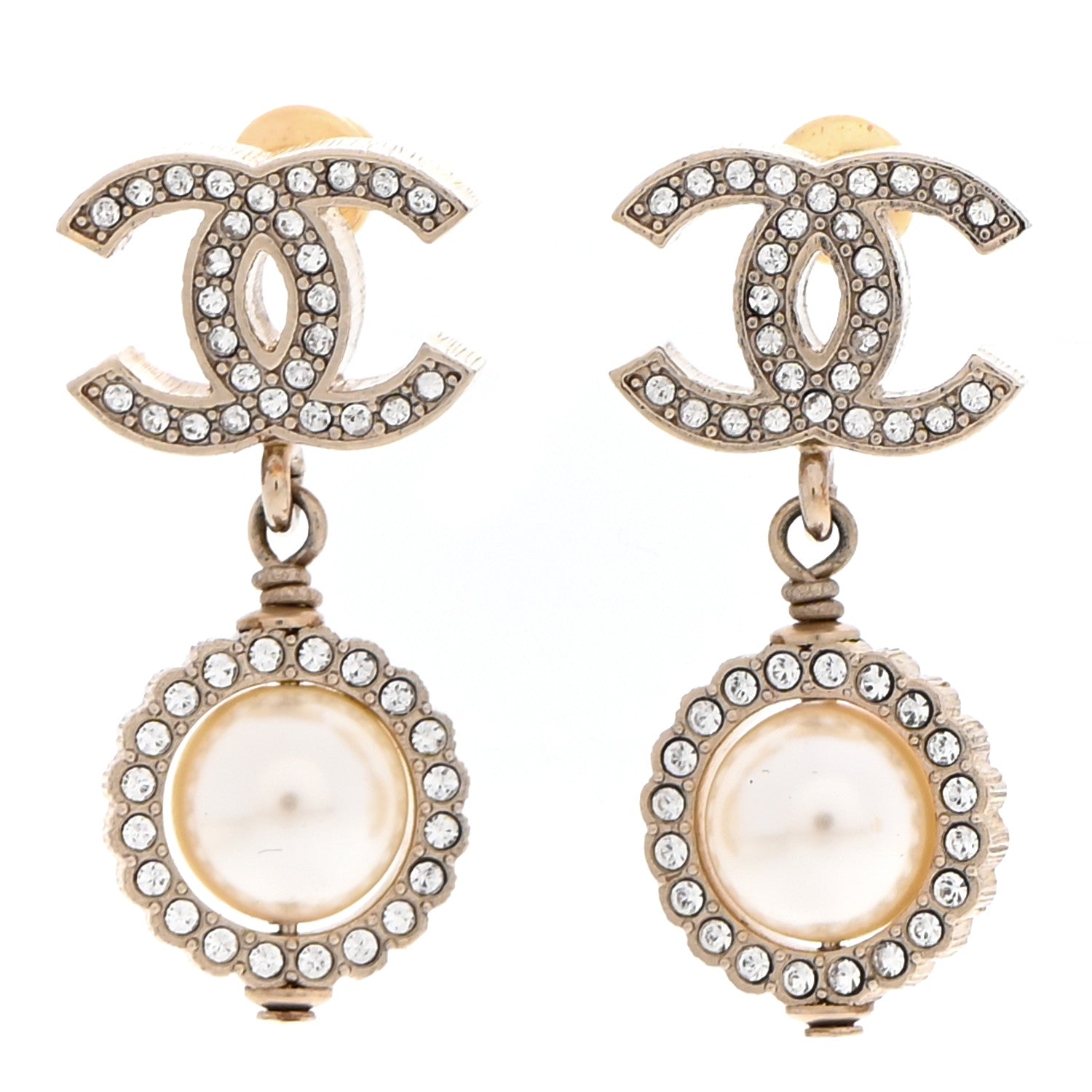 Chanel Crystal Pearl CC Lace Camellia Earrings Gold 1 of 5