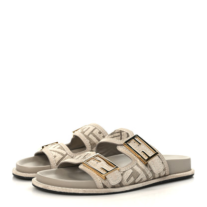 Fendi Chenille Fabric Jacquard Suede FF Womens Fendi Feel Buckled Slide Sandals 38 Tortora Nuvola Rock 3 of 7