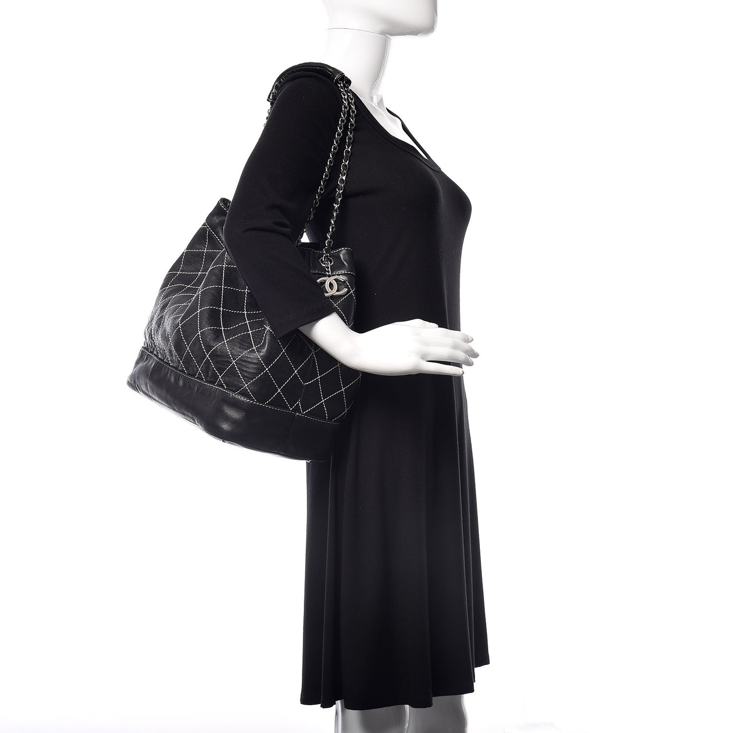 Lambskin Contrast Stitch Large Drawstring Tote Black