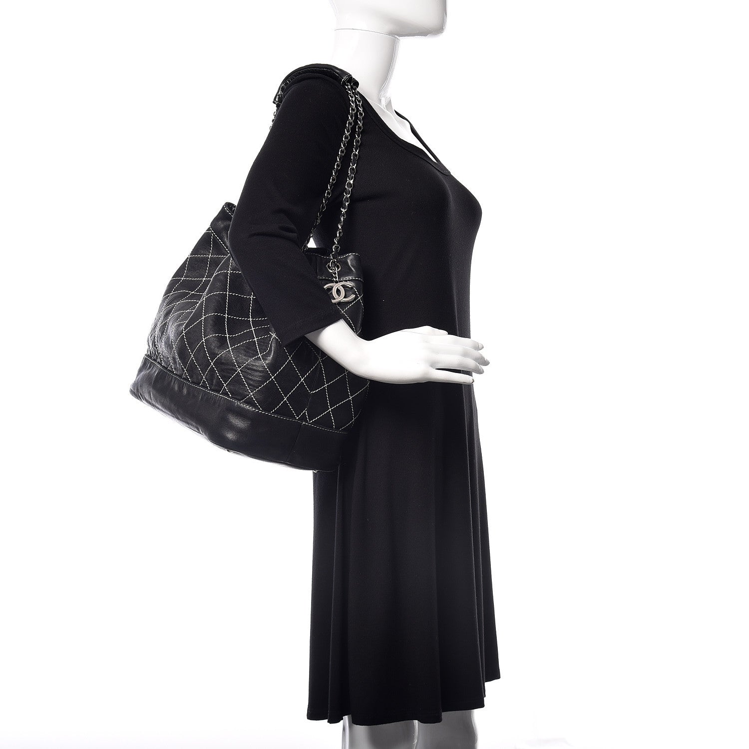 Chanel Lambskin Contrast Stitch Large Drawstring Tote Black 2 of 17