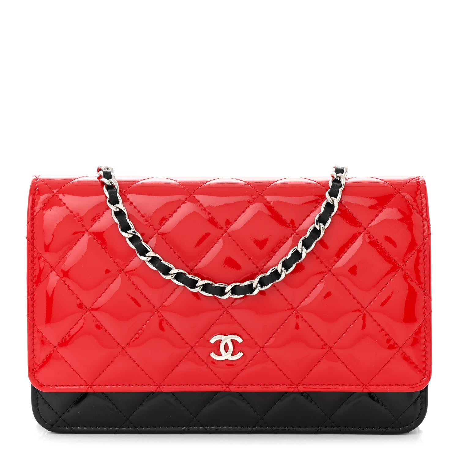 Chanel Patent Quilted Bi-Color Wallet On Chain WOC Red Black 1 of 12