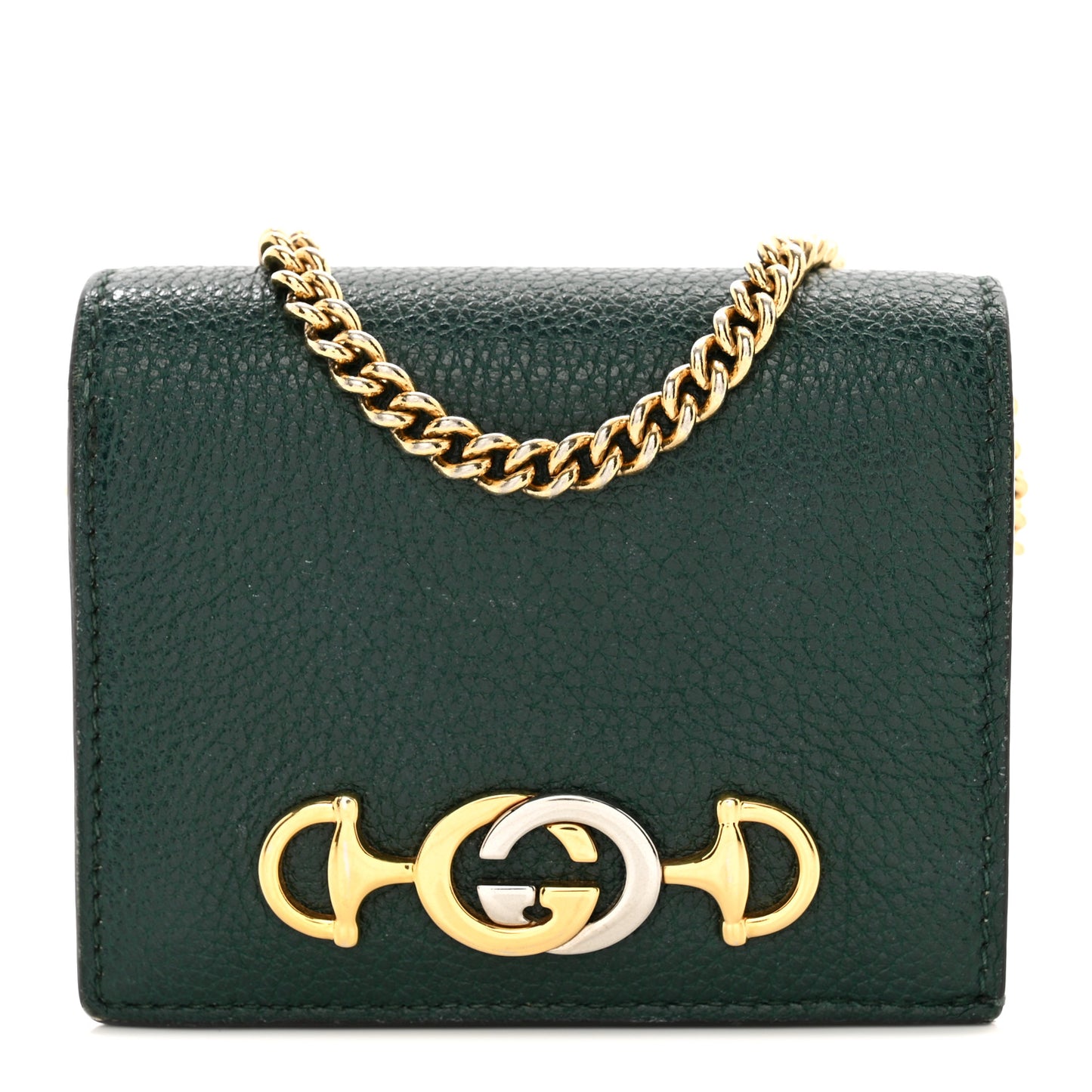 Grainy Calfskin Zumi Chain Card Case Wallet Vintage Green