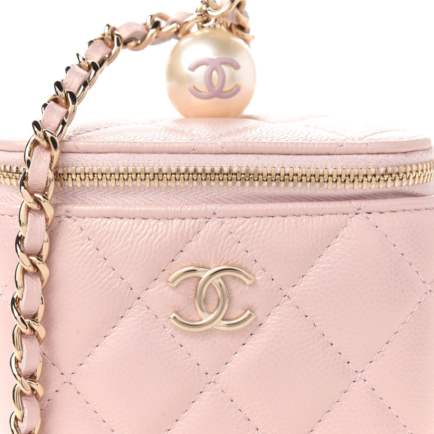 Iridescent Caviar Quilted Mini Pearl On Top Vanity Case With Chain Light Pink