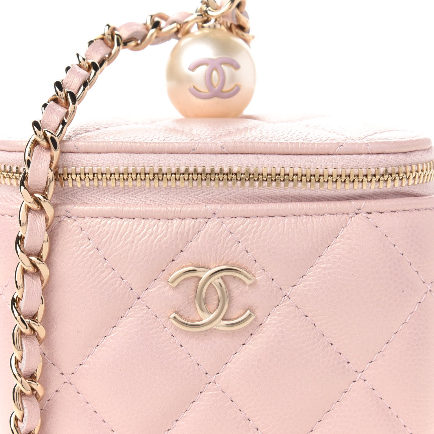 Chanel Iridescent Caviar Quilted Mini Pearl On Top Vanity Case With Chain Light Pink 10 of 11