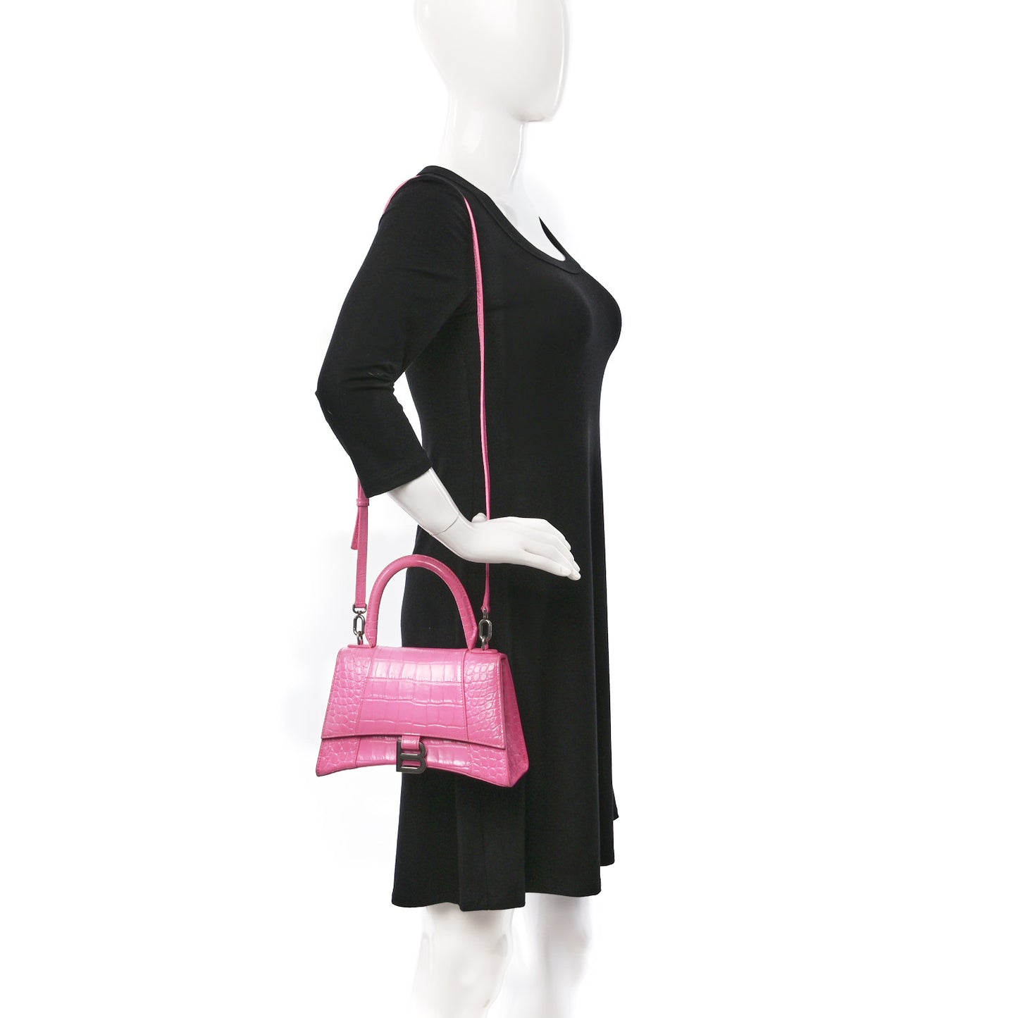 Shiny Calfskin Crocodile Embossed Small Hourglass Top Handle Bag Baby Pink