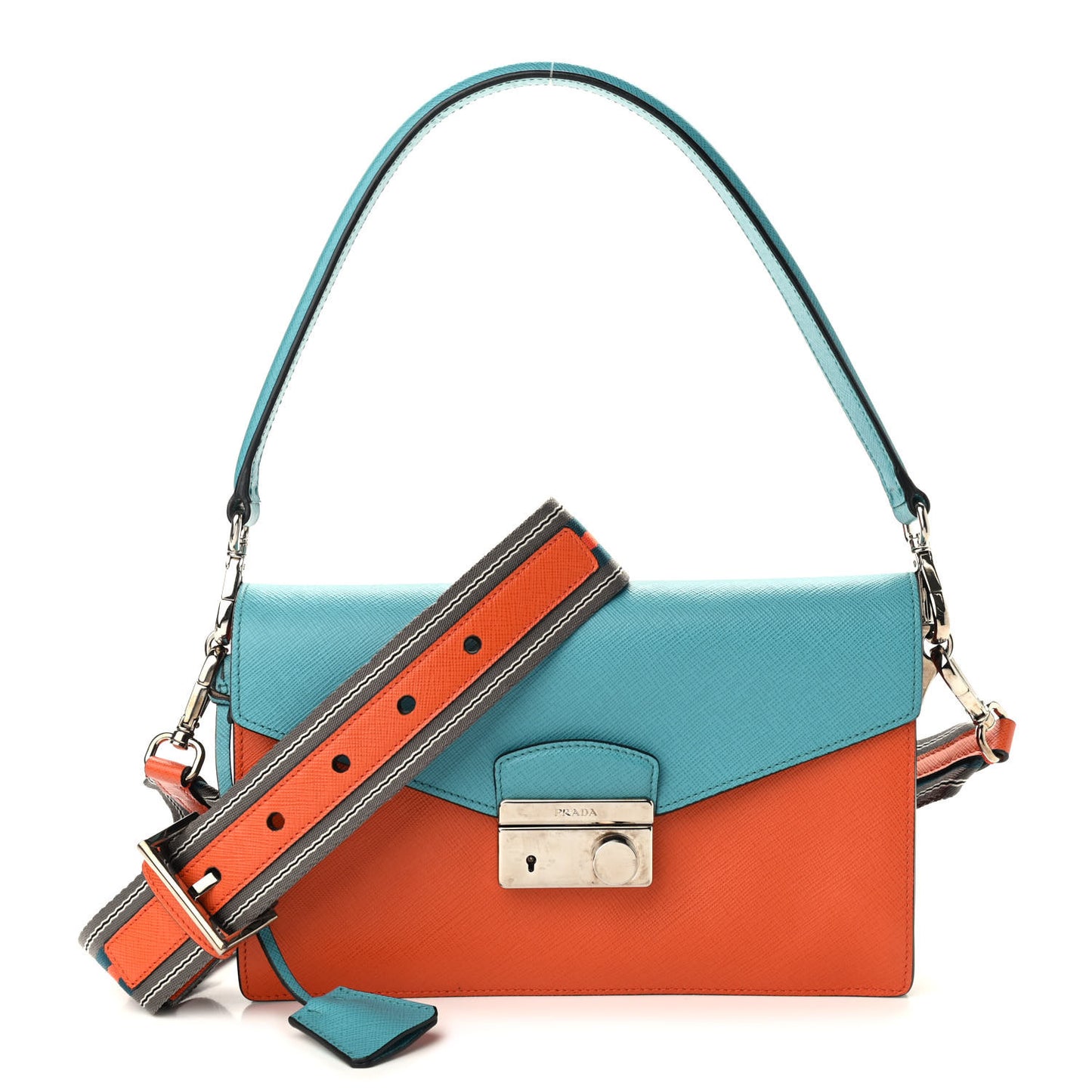 Saffiano Lux Bi-Color Sound Shoulder Bag Papaya Turchese
