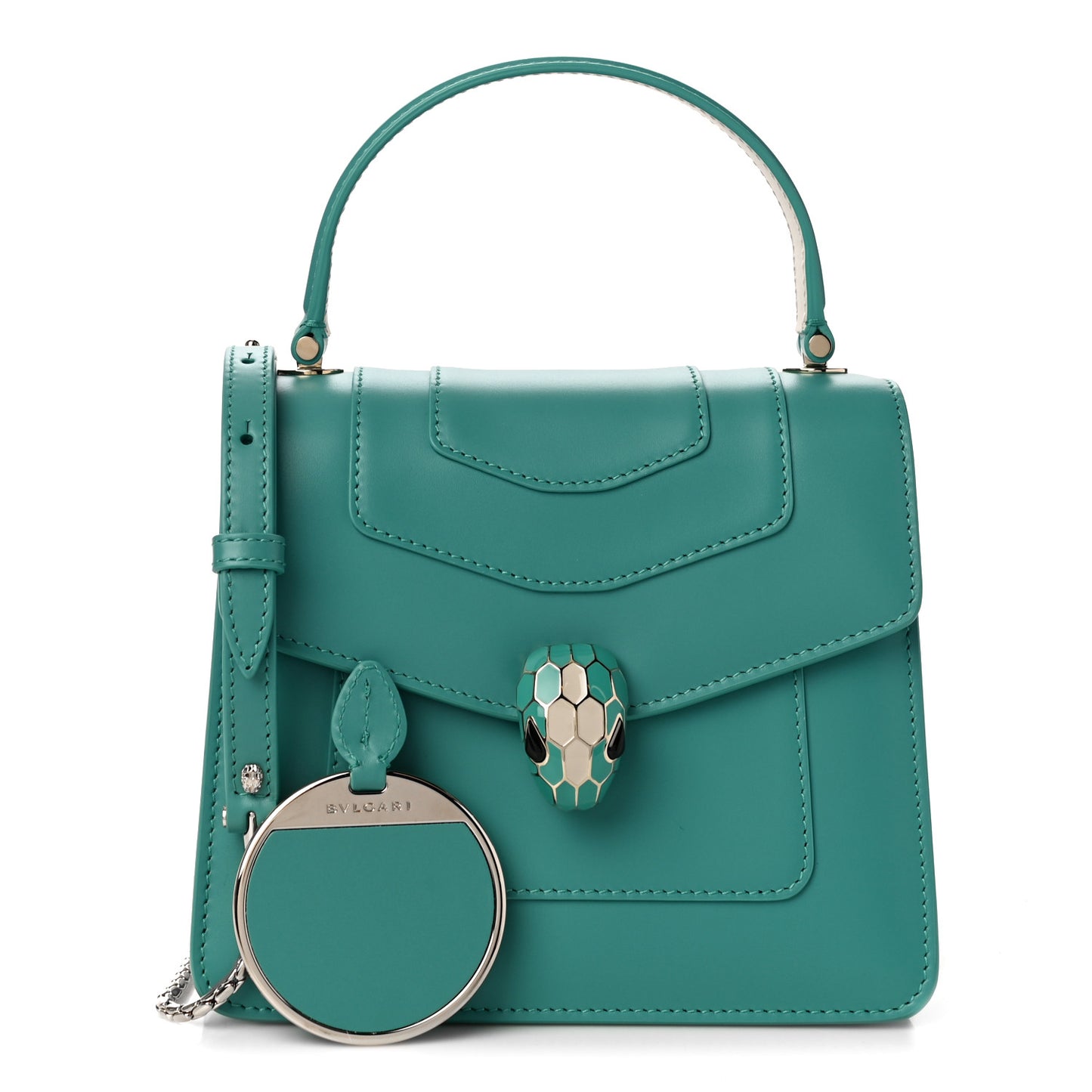 Calfskin Contrast Serpenti Forever Top Handle Tropical Turquoise Milky Opal