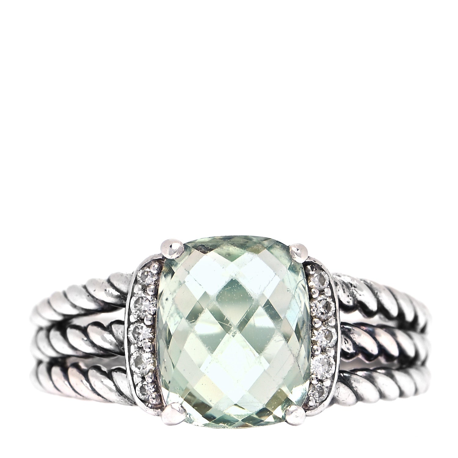 David Yurman Sterling Silver Diamond Prasiolite 10mm Petite Wheaton Ring 57 8 1 of 5