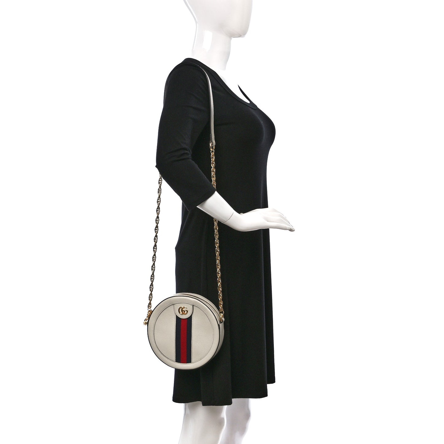 Textured Calfskin Web Mini Ophidia Round Shoulder Bag Mystic White