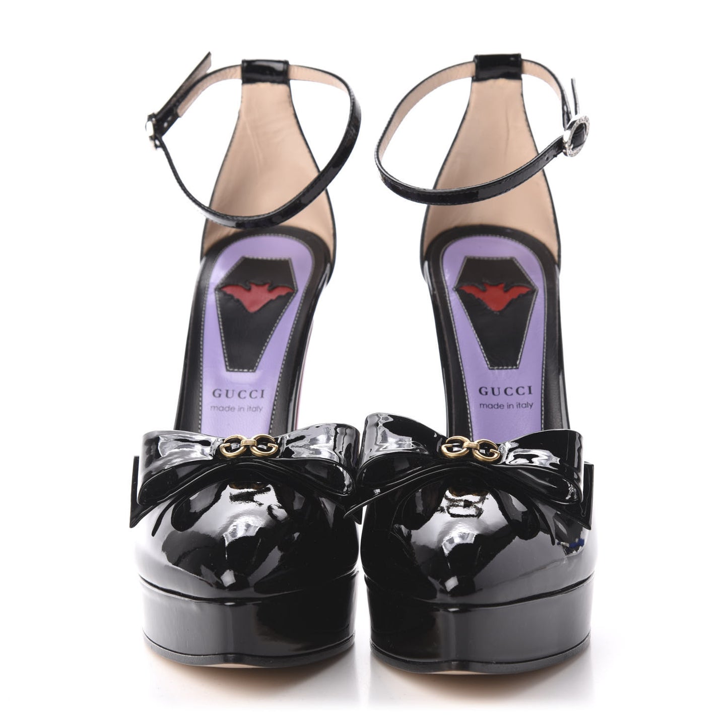 Patent Crystal GG Bow Sadie Spike Ankle Strap d'Orsay Platform High Heel Pumps 38.5 Black