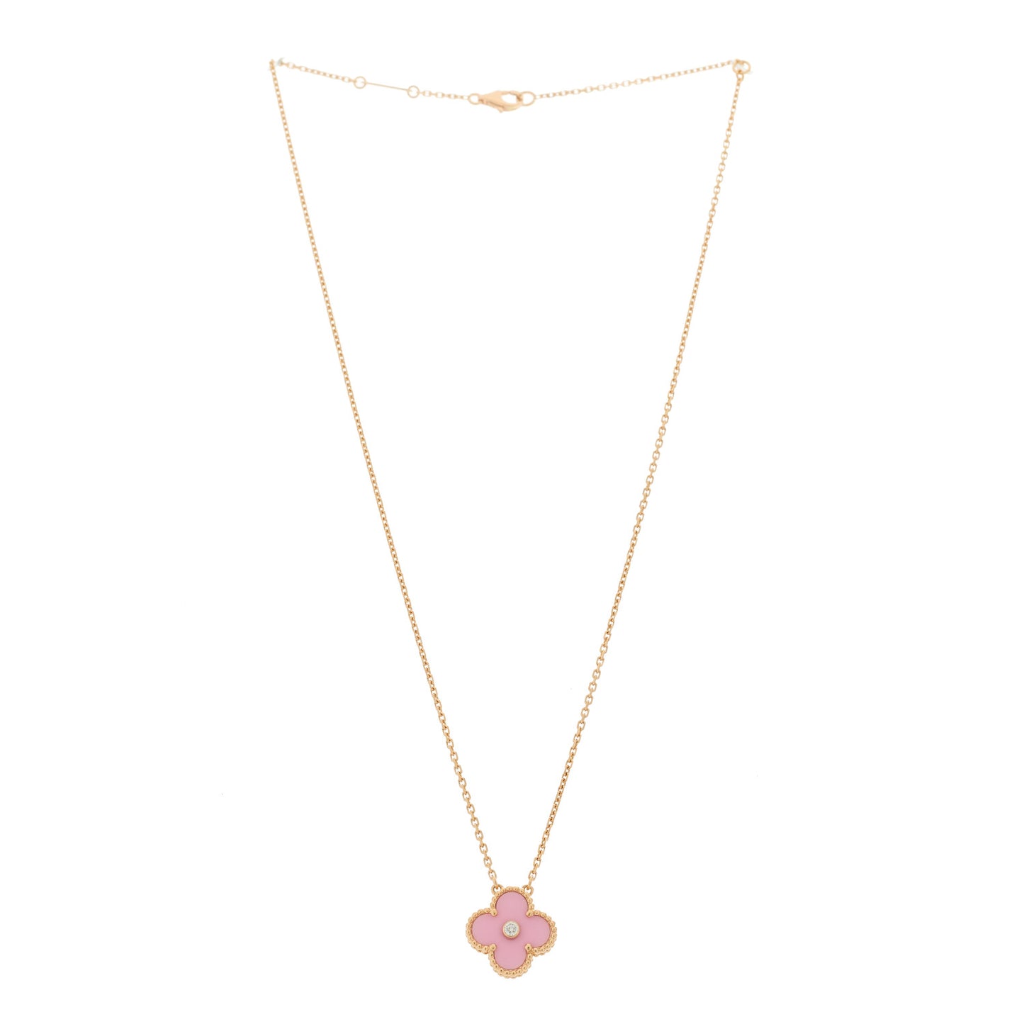 18K Rose Gold Diamond Pink Porcelain Vintage Alhambra Pendant Necklace