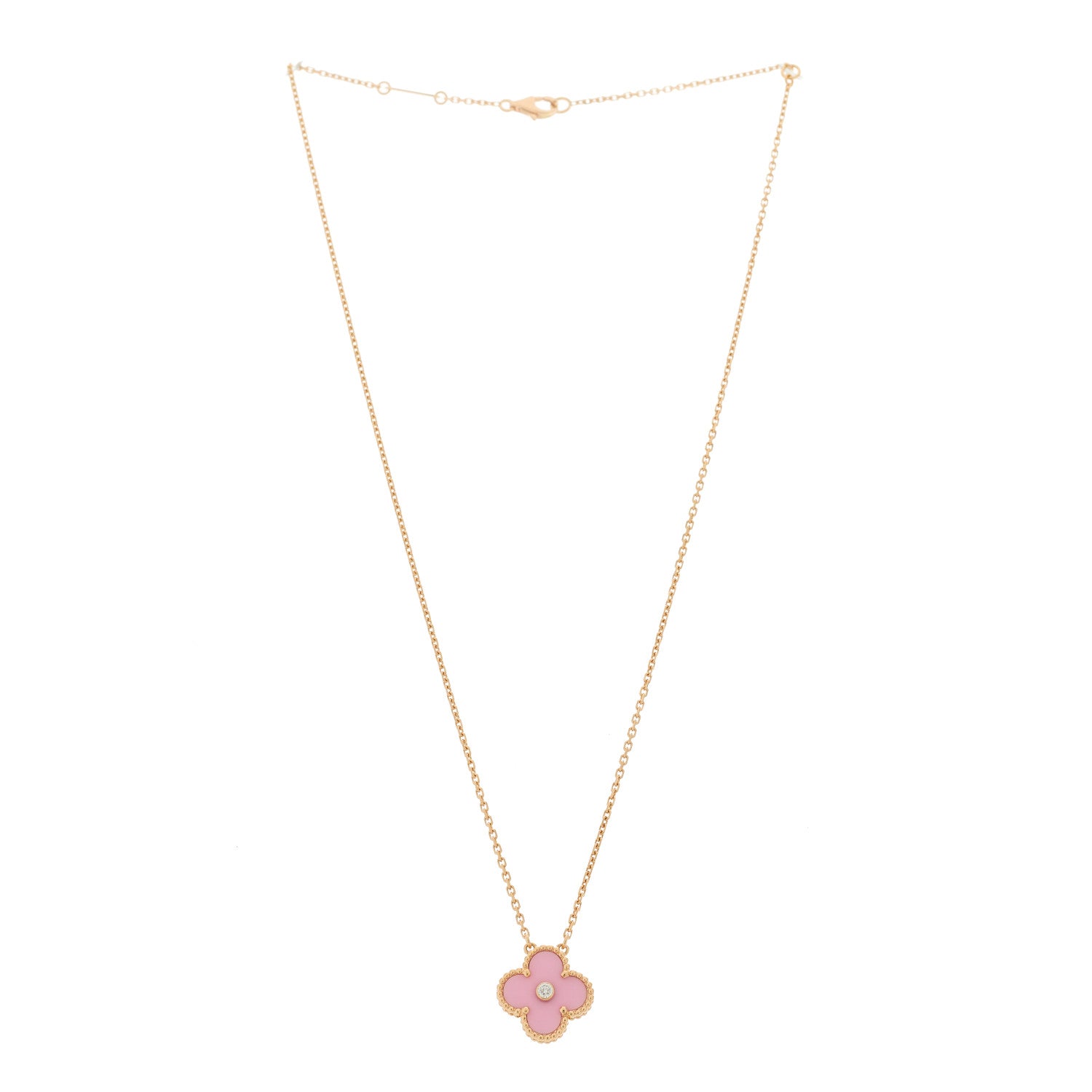 Van Cleef & Arpels 18K Rose Gold Diamond Pink Porcelain Vintage Alhambra Pendant Necklace 3 of 6