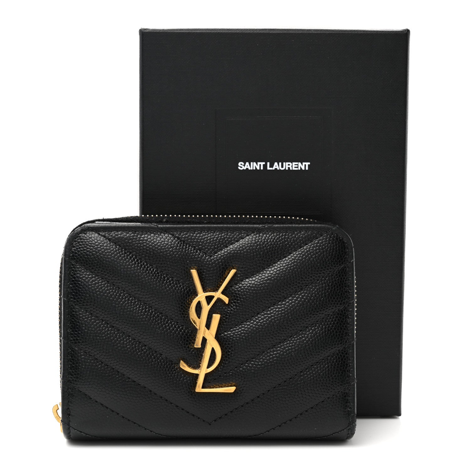 Saint Laurent Grain De Poudre Matelasse Chevron Monogram Compact Zip Around Wallet Black 9 of 9