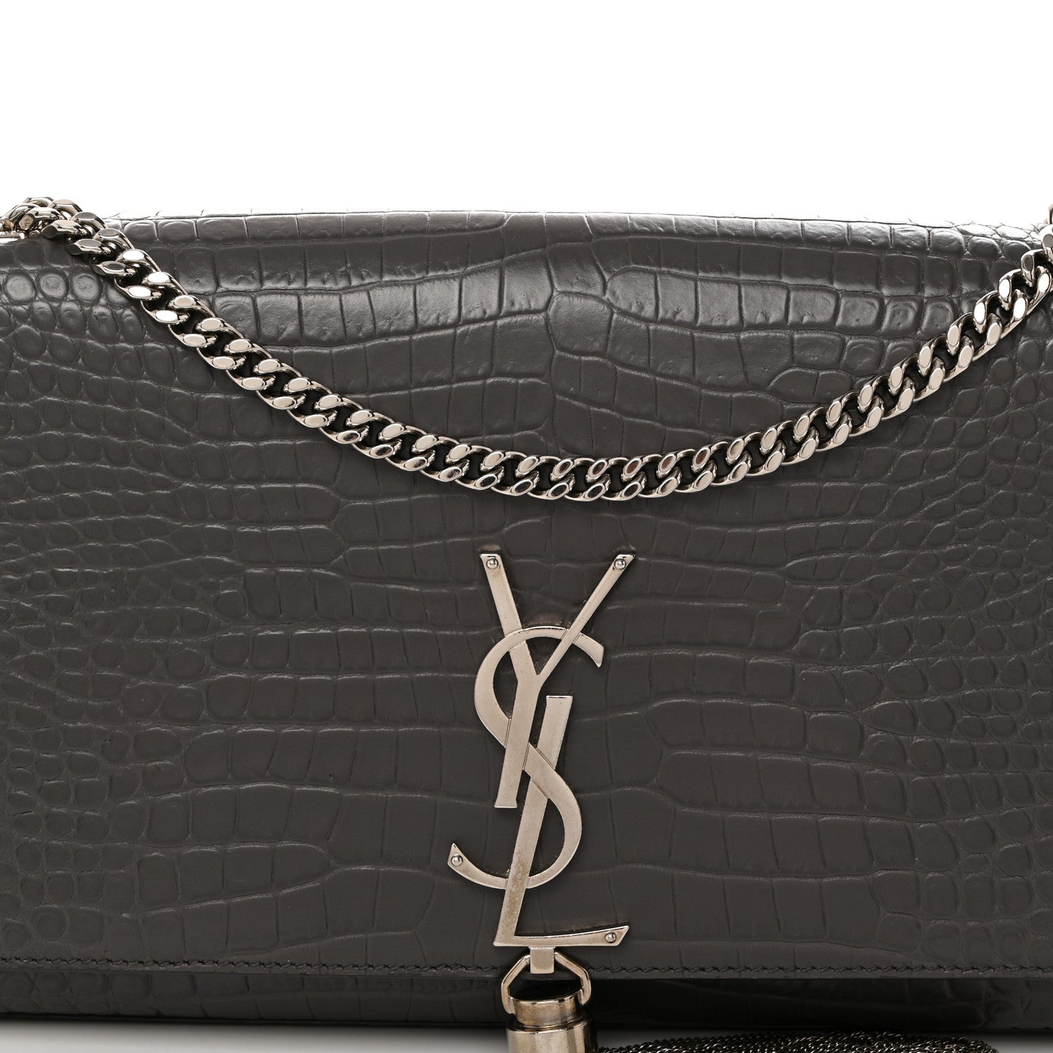 Saint Laurent Calfskin Crocodile Embossed Medium Classic Monogram Kate Tassel Satchel Storm 8 of 10