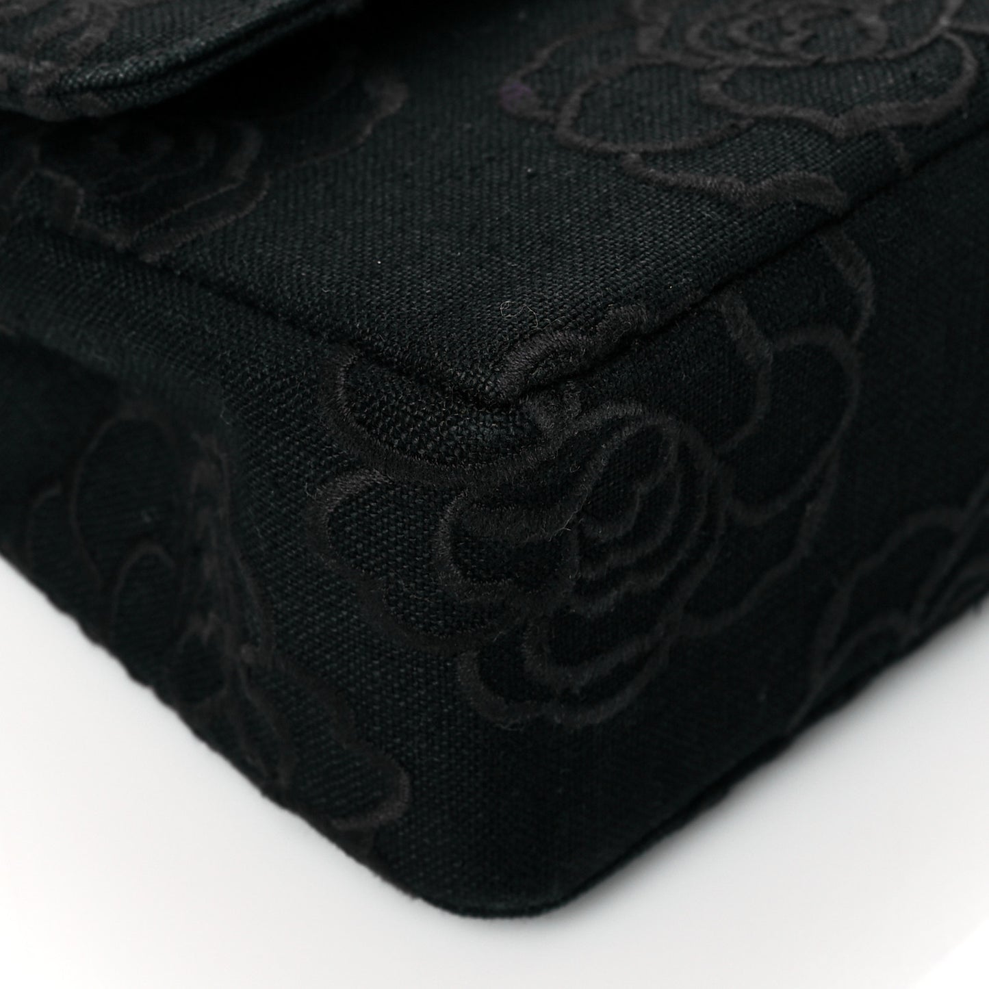 Canvas Camellia Embroidered Medium Double Flap Black
