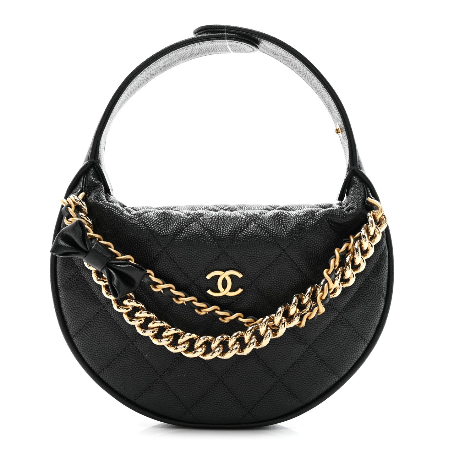 Shiny Caviar Quilted Bow Pouch Hobo Black