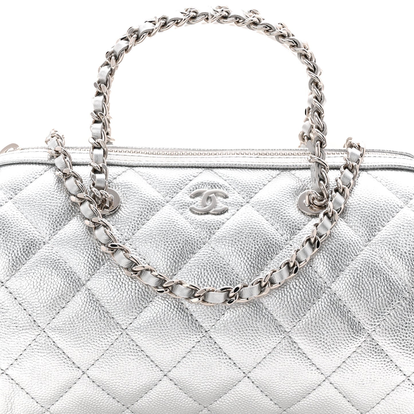 Metallic Caviar Quilted Barrel Clutch With Chain Silver
