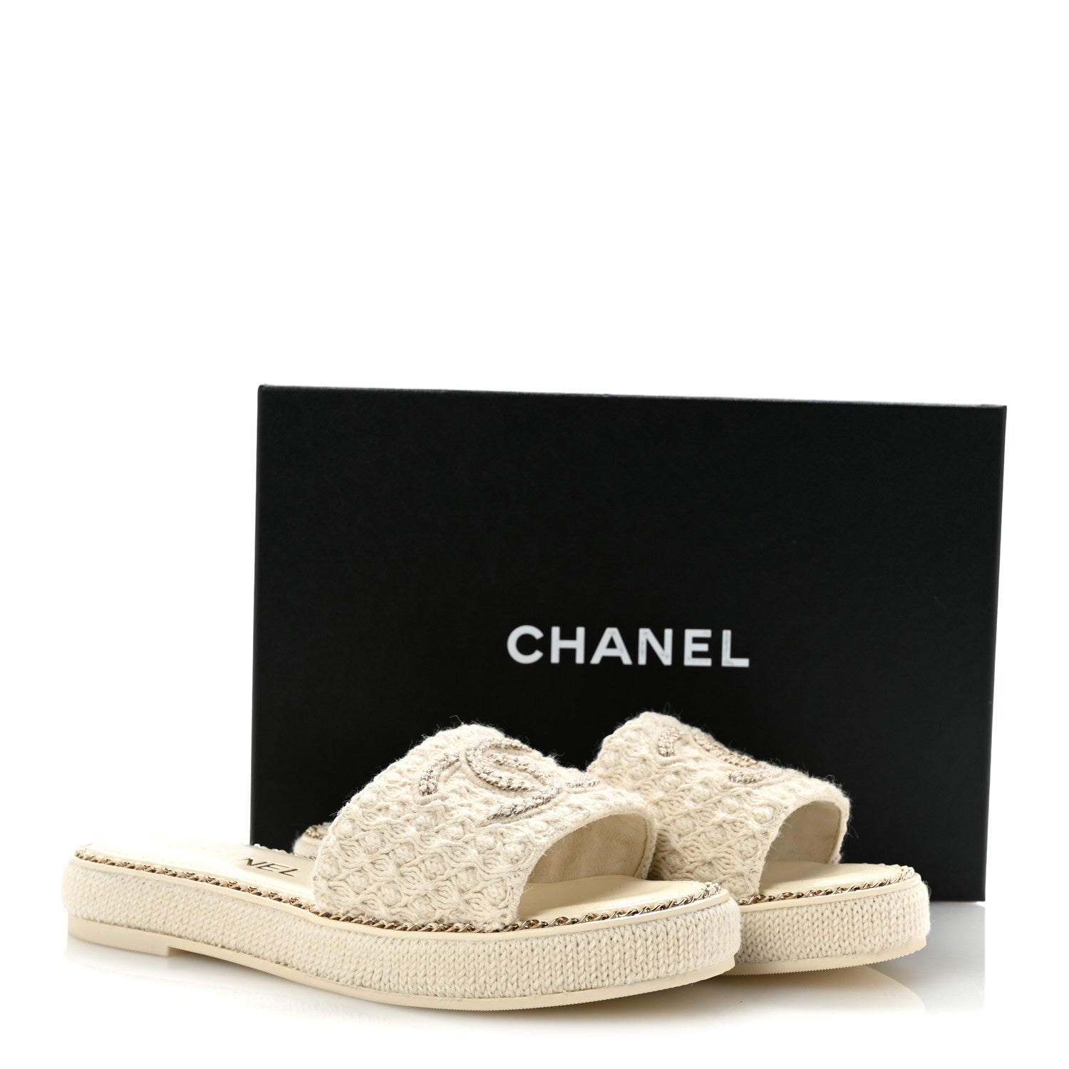 Chanel Wool Alpaca Chain CC Slide Sandals 38 Ivory 10 of 10