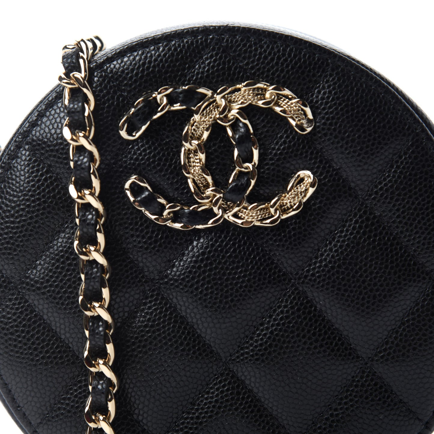 Caviar Quilted French New Wave Round Clutch With Chain Black