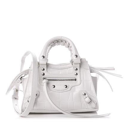 Balenciaga Semi Shiny Calfskin Crocodile Embossed Neo Classic Silver Hardware Nano City Crossbody White 1 of 9