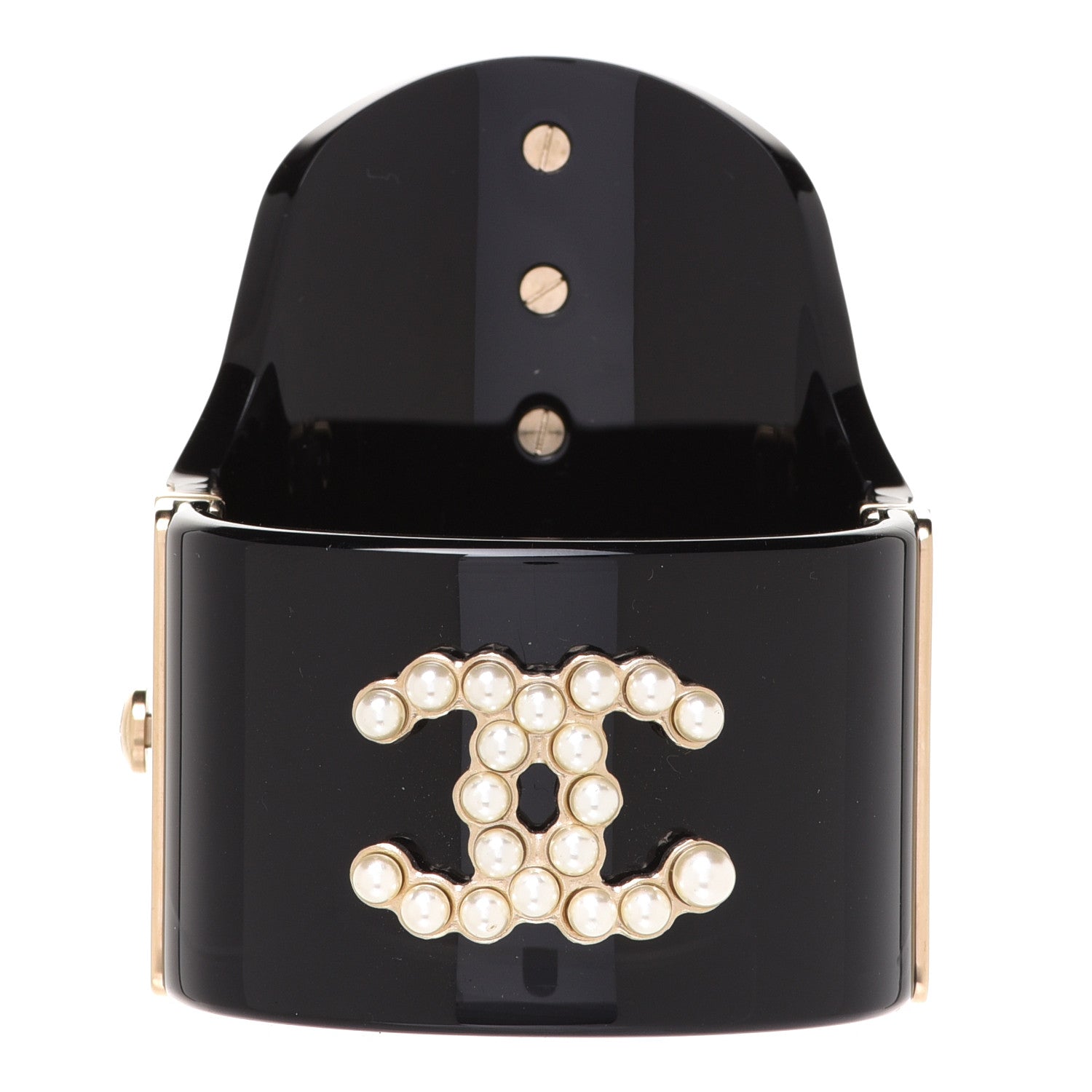 Chanel Resin Pearl CC Cuff Bracelet Black Gold 1 of 6