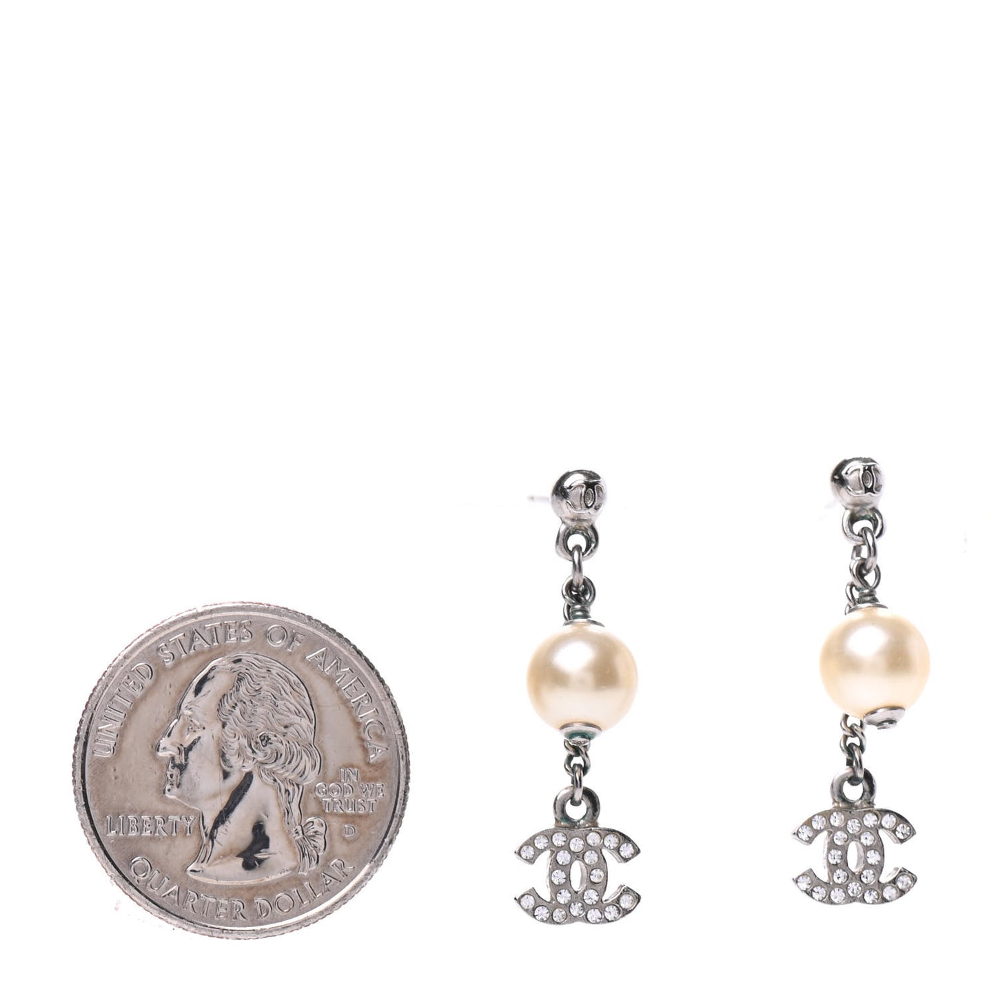 Crystal CC Pearl Drop Earrings Silver