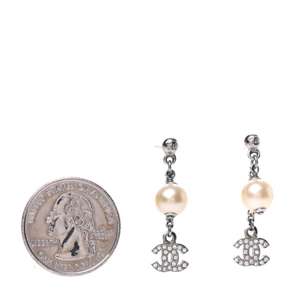 Chanel Crystal CC Pearl Drop Earrings Silver 2 of 4